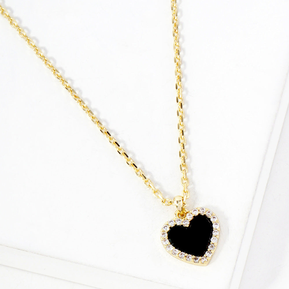 Gold Dipped CZ Stone Paved Rim Heart Pendant Necklace