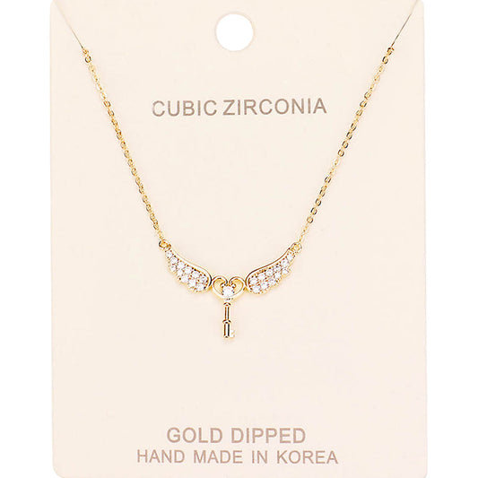Gold Dipped CZ Angel Wings Key Pendant Necklace