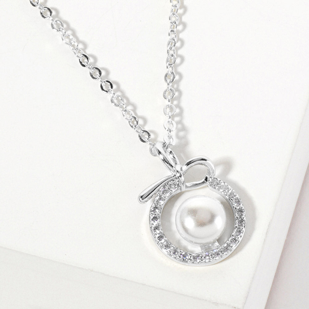 White Gold Dipped CZ Pave Halo Pearl Charm Pendant Necklace