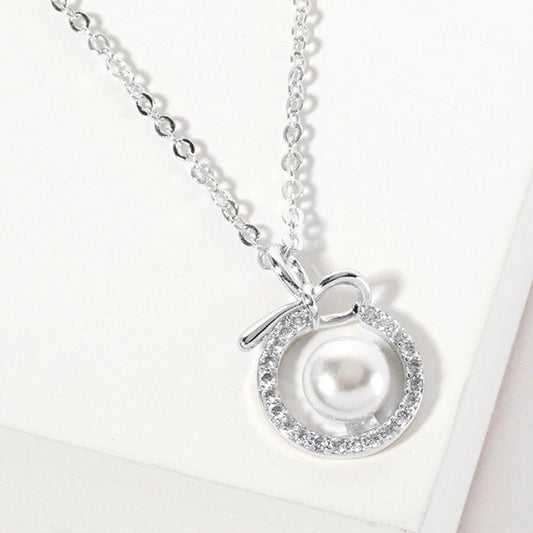 White Gold Dipped CZ Pave Halo Pearl Charm Pendant Necklace