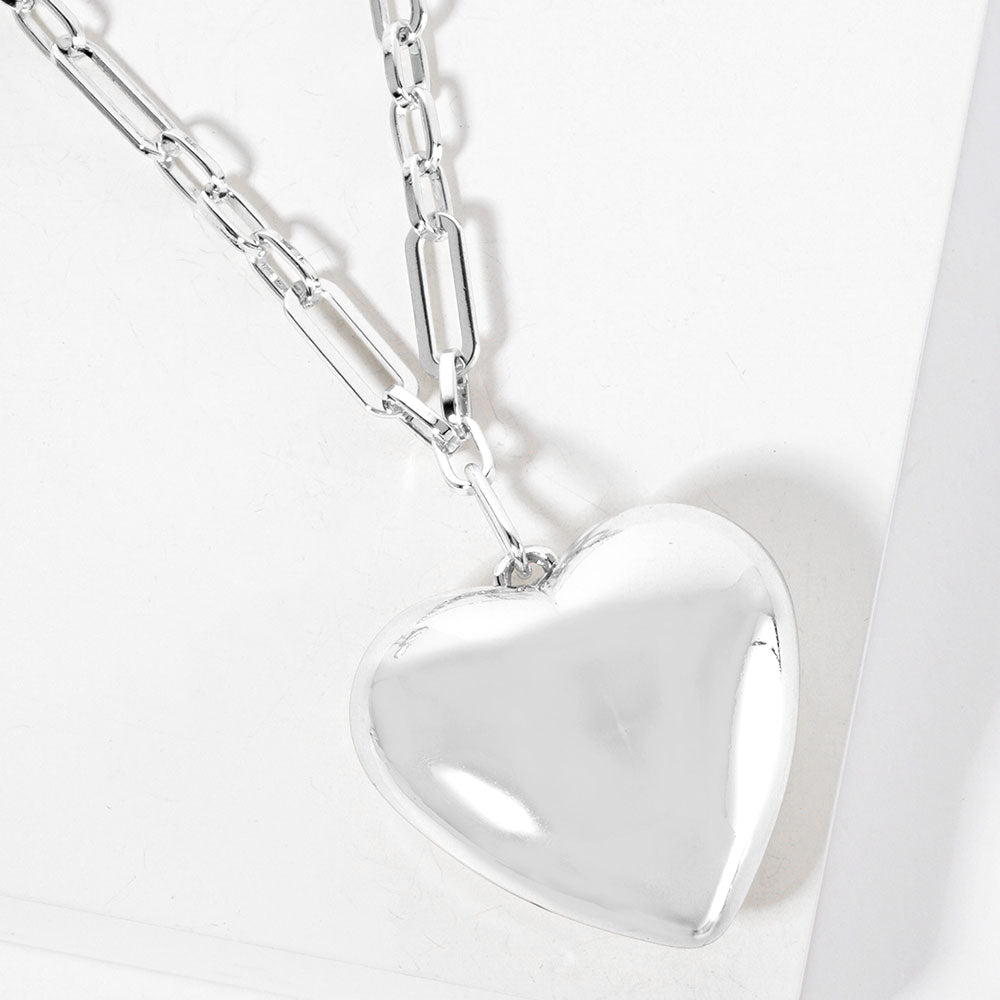 Gold Dipped Bold Puffy Heart Pendant Paperclip Link Chain Necklace