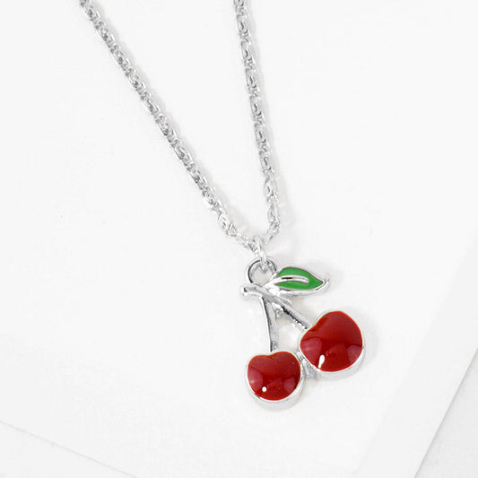 White Gold Dipped Enamel Cherry Pendant Necklace