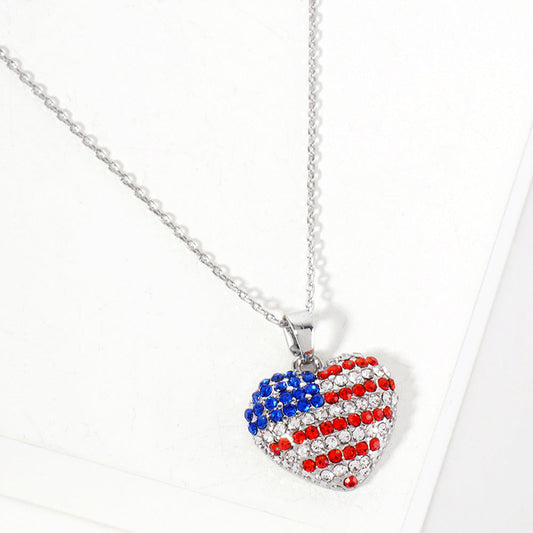 Women's Crystal Paved American USA Flag Heart Pendant Statement Necklace 4th of July