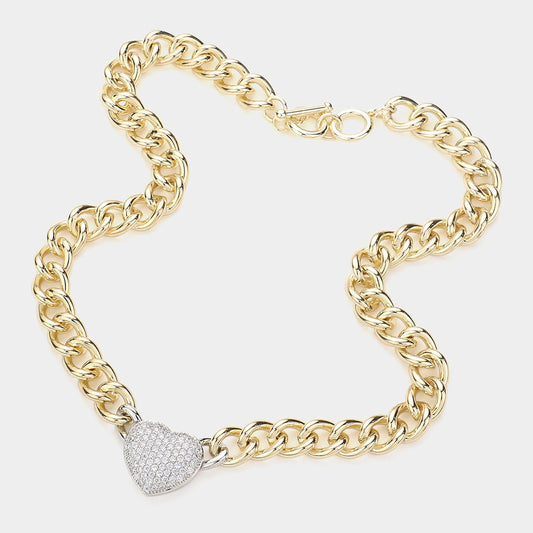 CZ Stone Paved Heart Pendant Toggle Necklace
