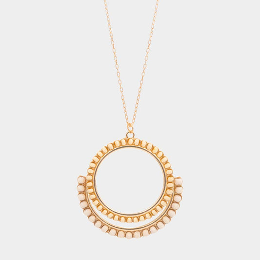 Wood Embellished Geometric Open Circle Pendant Long Necklace