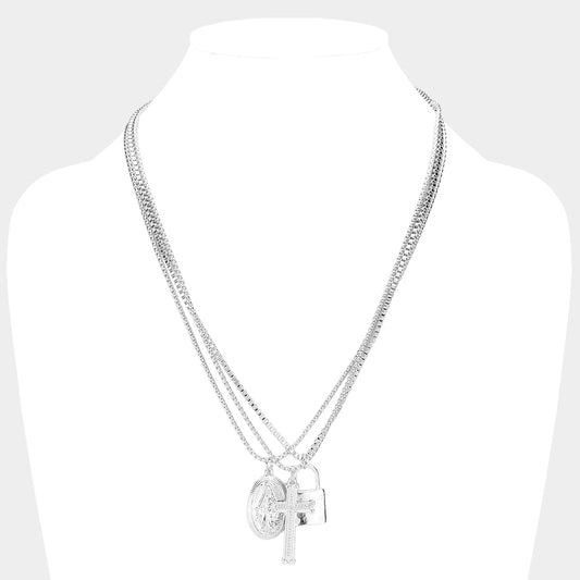 3PCS - Virgin Mary Cross Master Lock Pendant Metal Layered Necklace