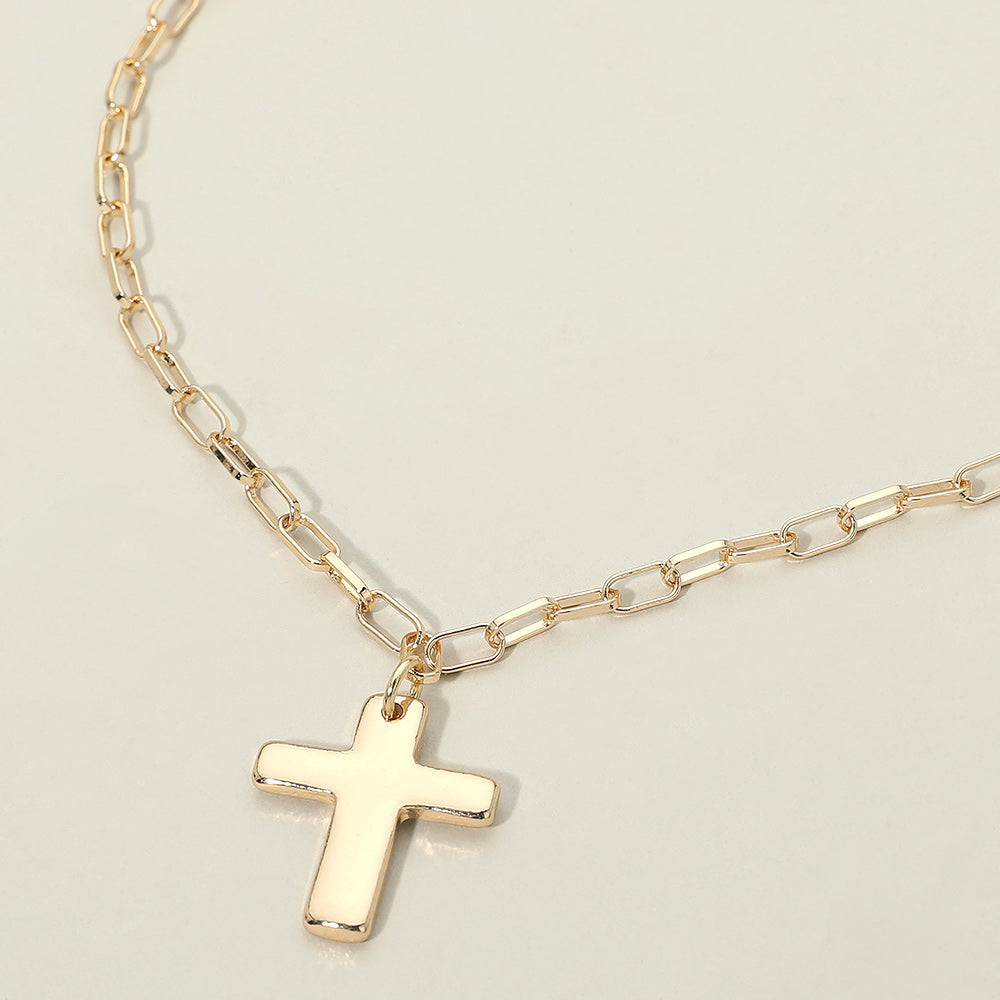 Metal Cross Charm Pendant Paperclip Chain Necklace