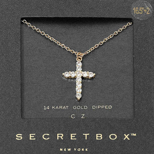 SECRET BOX_14K Gold Dipped CZ Cross Pendant Necklace