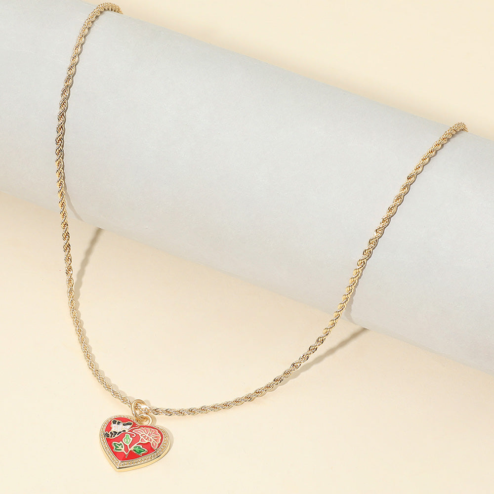 Butterfly Flower Enamel Detailed Heart Pendant Necklace
