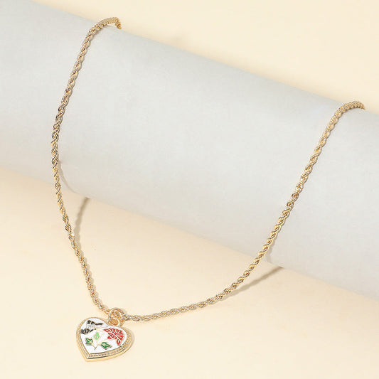 Butterfly Flower Enamel Detailed Heart Pendant Necklace