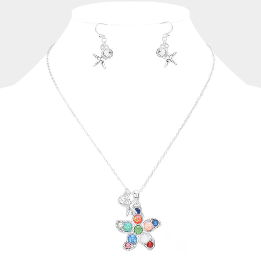 Stone Embellished Starfish Pendant Necklace
