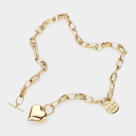 Metal Heart Pendant Live Your Dream Message Charm Chain Toggle Necklace