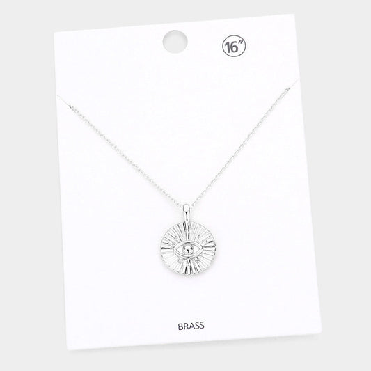 Evil Eye Accented Textured Brass Metal Round Pendant Necklace
