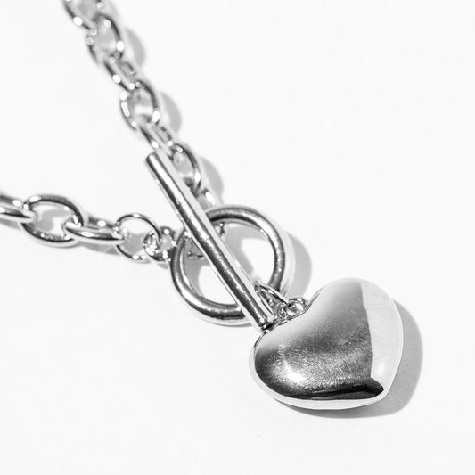 White Gold Dipped Chunky Chain Puffy Heart Toggle Pendant Necklace