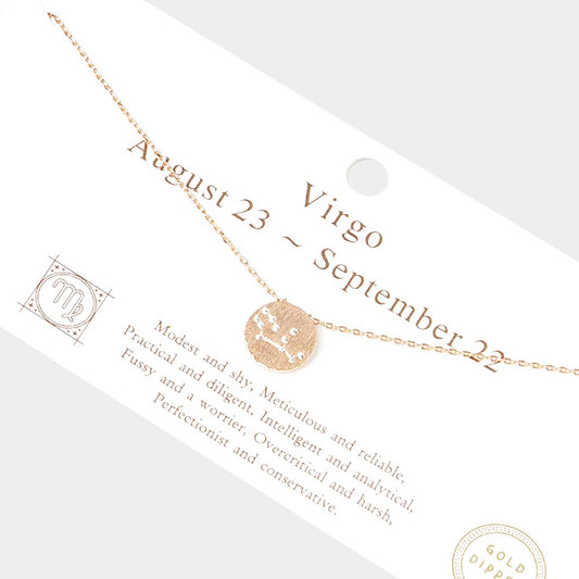 Virgo Gold Dipped CZ Zodiac Sign Metal Disc Pendant Necklace