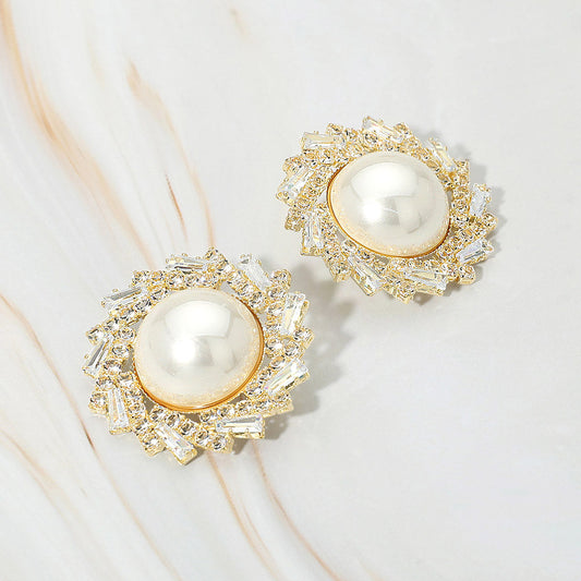 Pearl Accent Crystal Halo Sunburst Rim Earrings