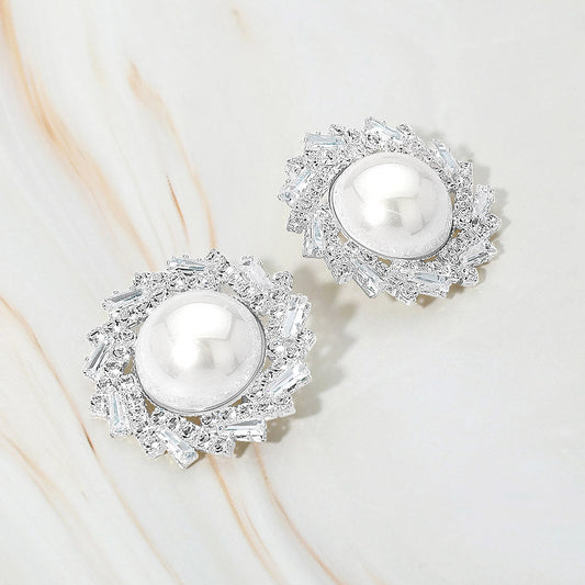 Pearl Accent Crystal Halo Sunburst Rim Earrings