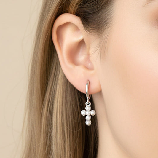 White Gold Dipped Center Pearl Cross Charm Drop Mini Huggie Hoop Earrings