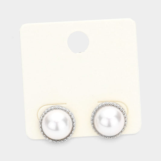 Metal Trimmed Pearl Stud Earrings