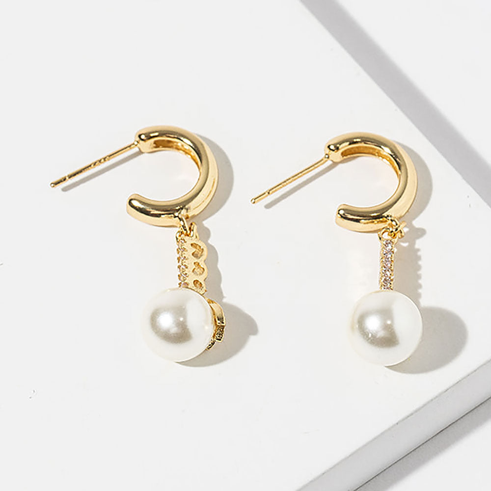 Gold Dipped CZ Bar Pearl Drop Mini Hoop Earrings