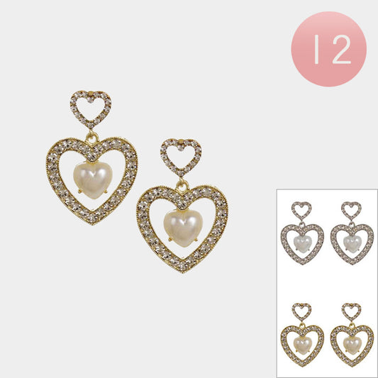 12Pairs - Heart Pearl Pointed Stone Paved Open Heart Dangle Earrings