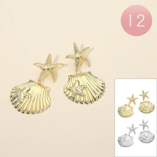 12Pairs - Starfish Seashell Drop Earrings