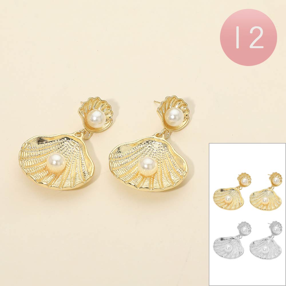 12Pairs - Pearl Accent Textured Shell Drop Earrings