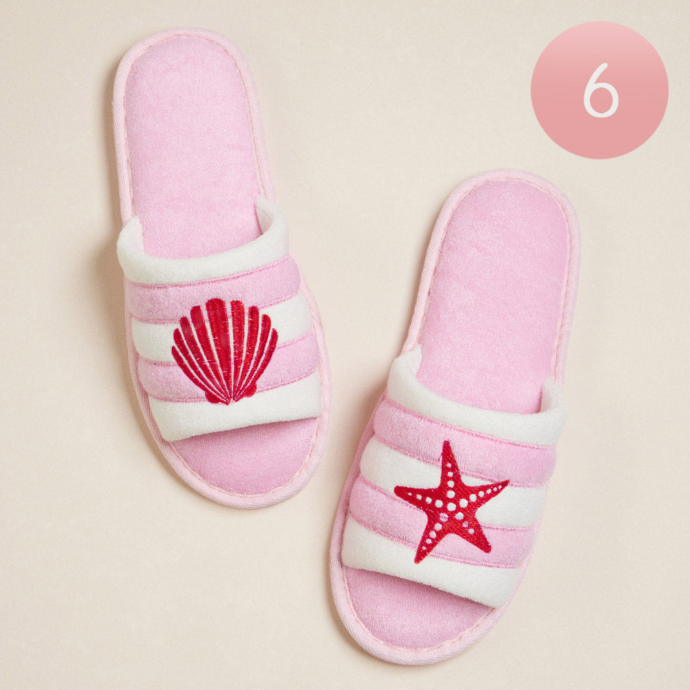 6Pairs - Starfish Seashell Embroidered Striped Pool Side Slippers / Home Indoor Floor Slippers