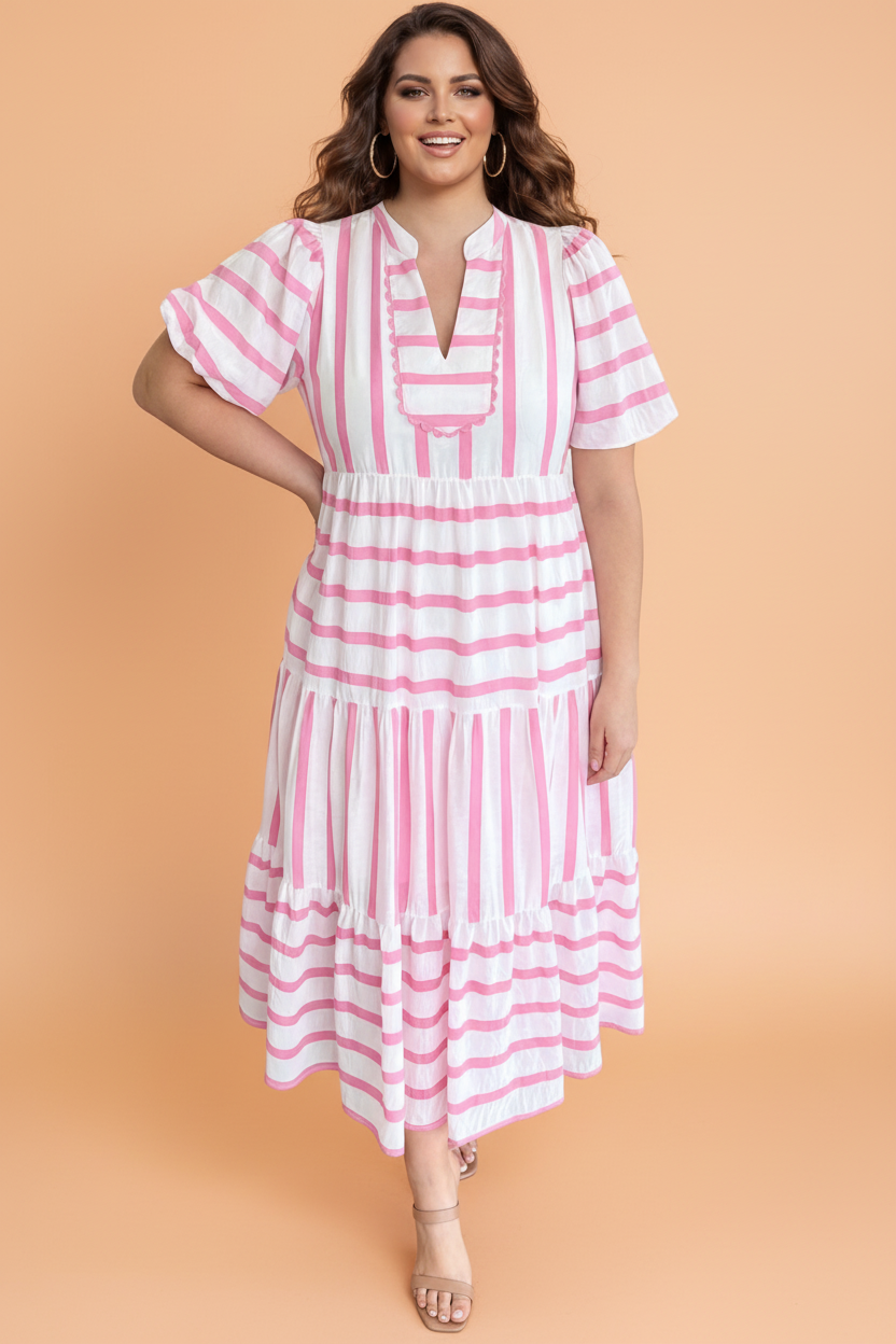 Plus Size Stripe V-Neck Tiered Maxi Dress