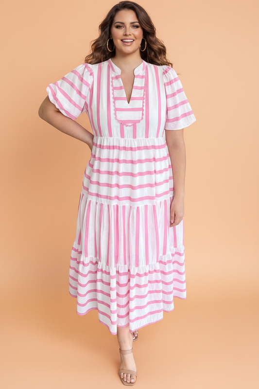 Plus Size Stripe V-Neck Tiered Maxi Dress