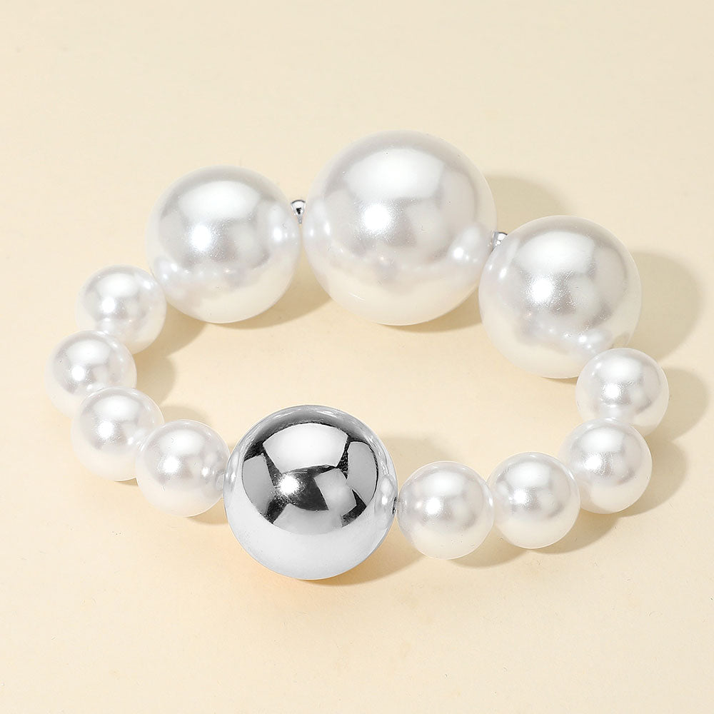Chunky Metal Ball Accent Pearl Beaded Stretch Bracelet