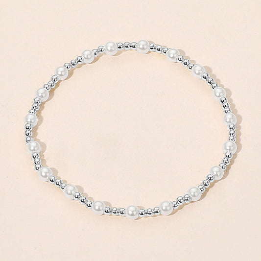 Pearl Accent Stainless Steel Ball Beaded Stretch Bracelet