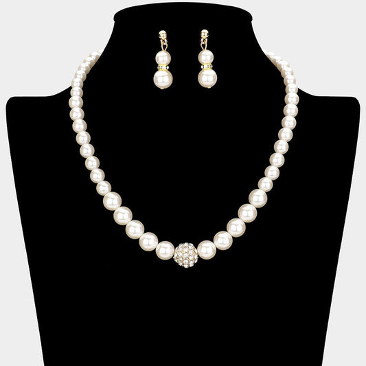Pave Ball & Pearl Strand Necklace