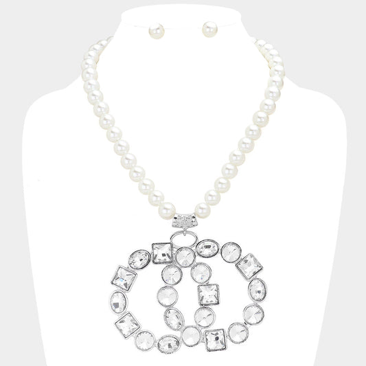 Multi Stone Embellished Double Open Circle Link Pendant Pearl Necklace