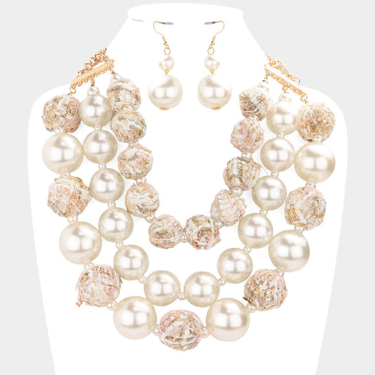Tweed Fabric Ball Pearl Triple Layered Bib Necklace