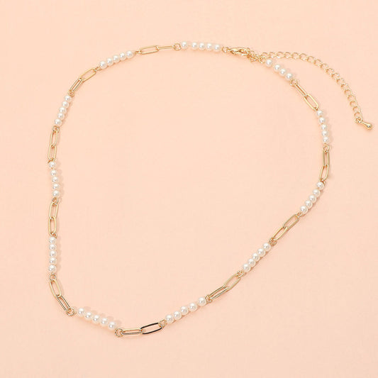 Pearl Beaded Station Paperclip Chain Necklace