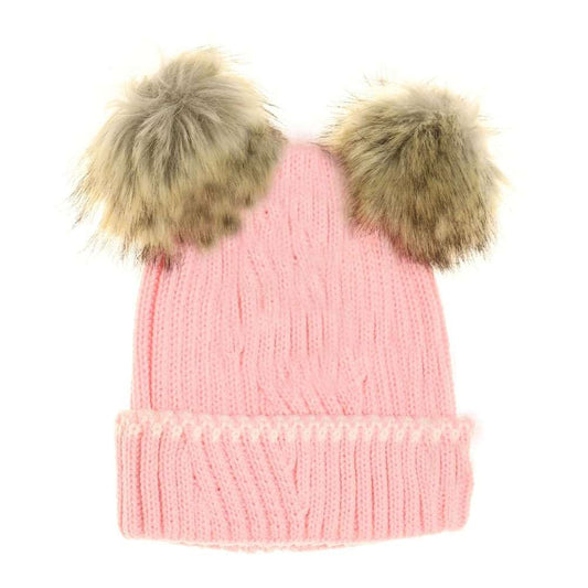 BABY Solid Knit Double Fur Pom C.C Beanie
