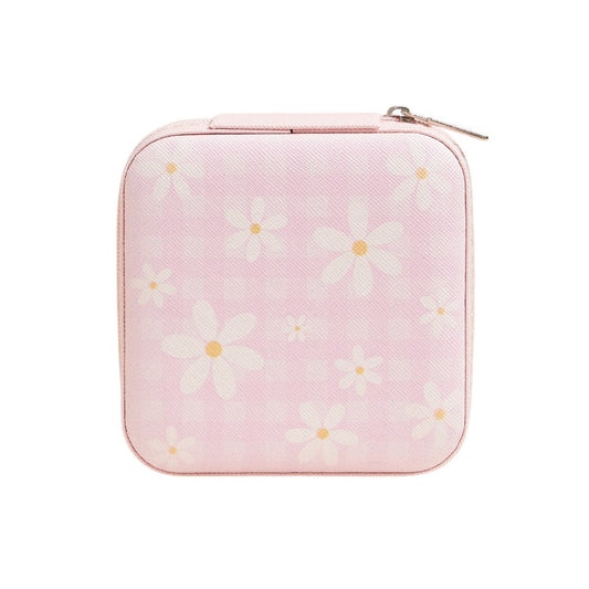 Daisy Flower Checkered Pattern Portable Square Jewelry Box