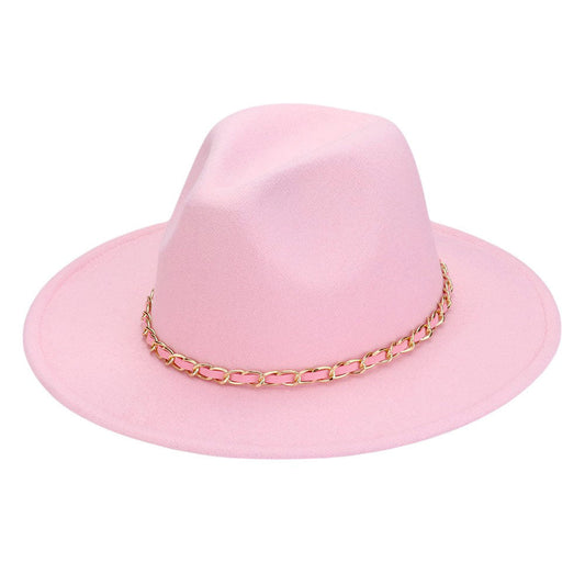 Faux Leather Braided Chain Band Pointed Fedora Hat