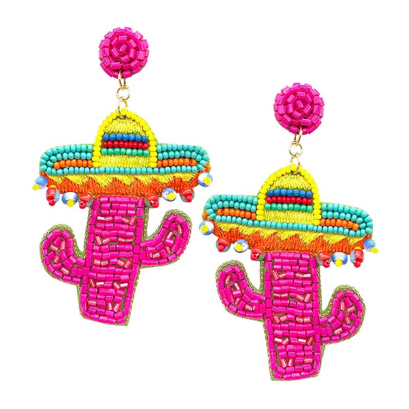 Felt Back Multi Beaded Hat Cactus Dangle Earrings