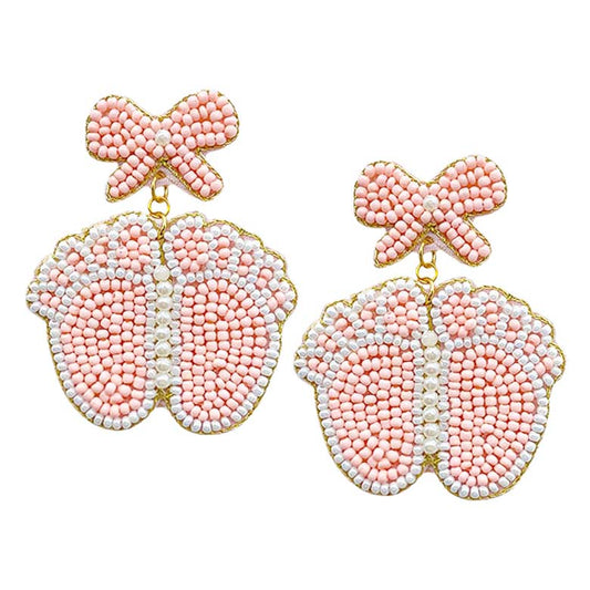 Felt Back Pearl Beaded Bow Baby Foot Dangle Earrings