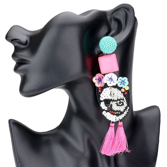 Triple Flower Seed Beaded Skull Tassel Link Dangle Earrings