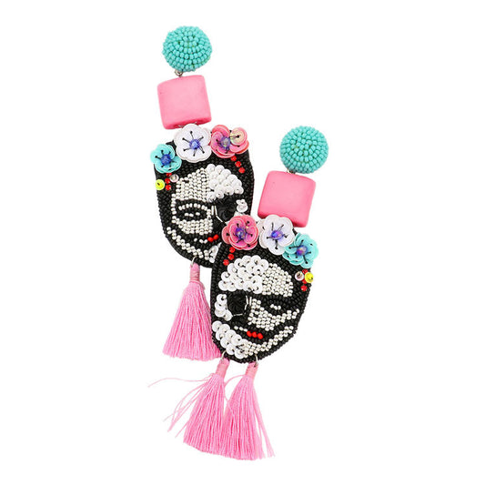 Triple Flower Seed Beaded Skull Tassel Link Dangle Earrings