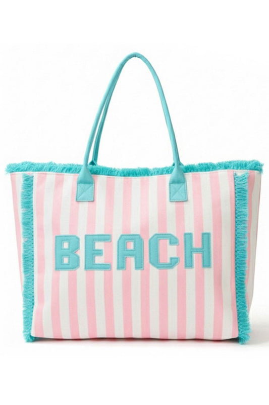 BEACH Letter with Striped Pattern and Frayed Summer Tote Bag