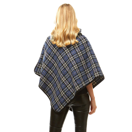 Cozy Plaid High Neck Buttons Collar Poncho Ruana