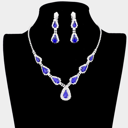 Teardrop Stone Accented Rhinestone Pave Necklace Clip on Earring Set