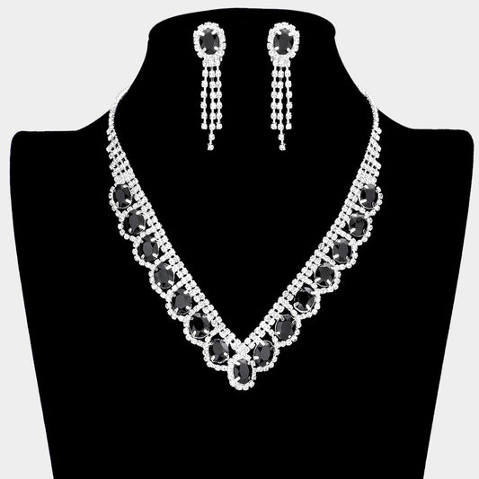 Oval Stone Accented V Shaped Rhinestone Necklace Clip on Earring Set