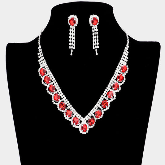 Oval Stone Accented V Shaped Rhinestone Necklace
