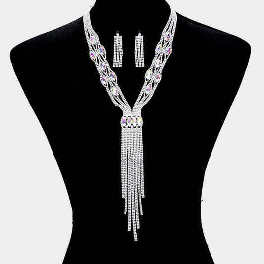Rhinestone Trim Crystal Oval Fringe Necklace