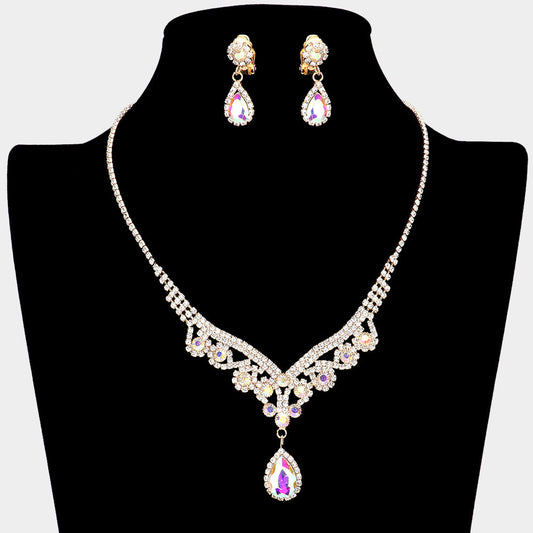 Teardrop Stone Accented Rhinestone Necklace Clip on Earring Set